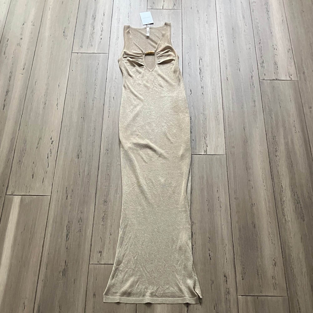 Shani Shemer Swim FWRD Resortwear Sheer Metallic Gold Cutout Slit Maxi Dress XS